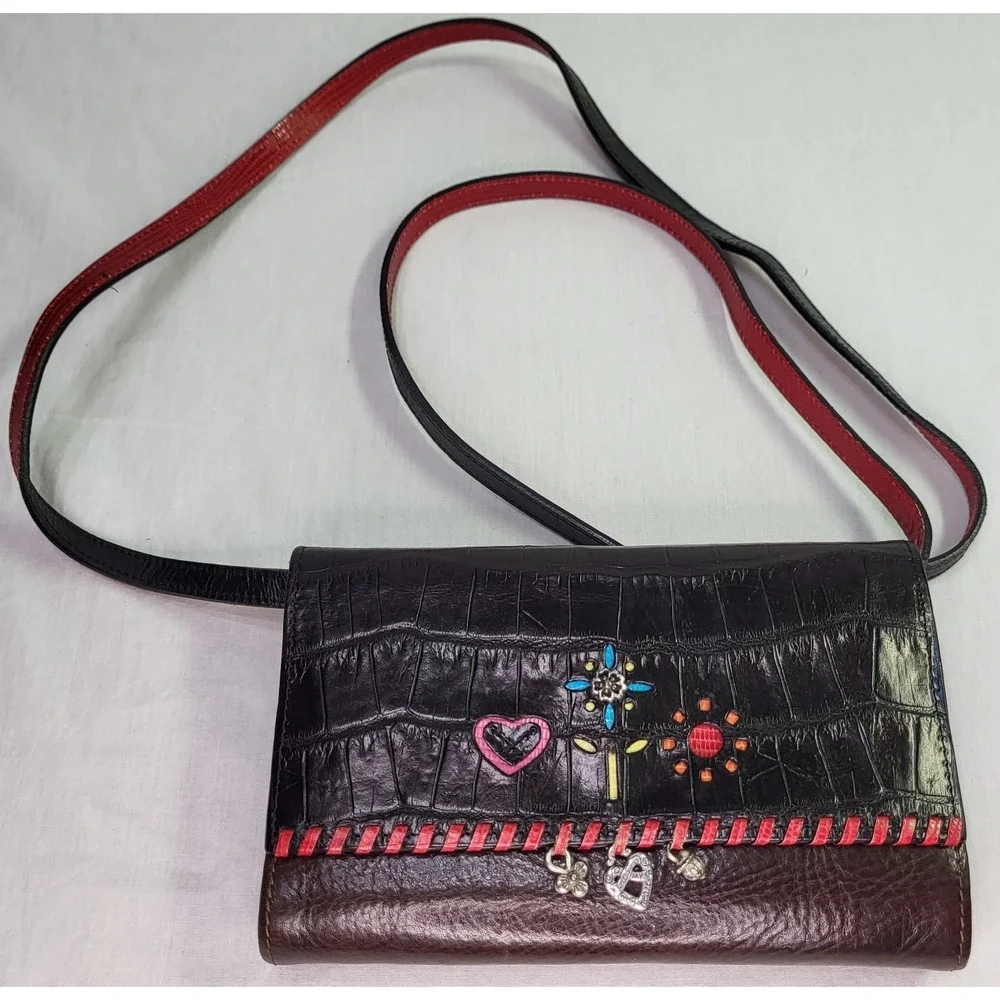 Brighton Crossbody Bag Wallet Purse Croc Embossed Charms Red & Black Strap Heart